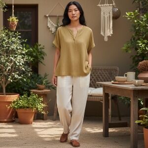 Matty M NEW Honey Yellow Textured Cotton Split Neck Short Sleeve Top Boho Large